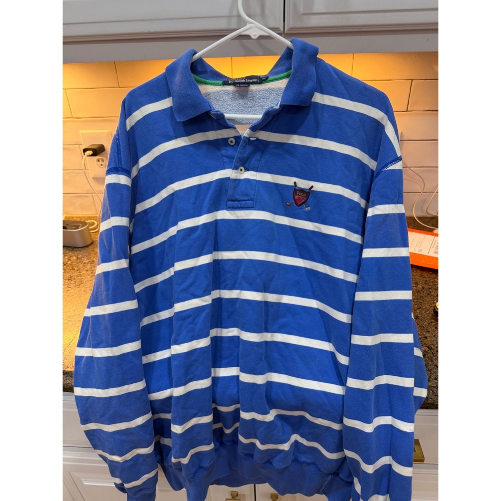 Vtg Polo Ralph Lauren Mens striped  Crest Long‎ Sleeve Polo Shirt xl rugby